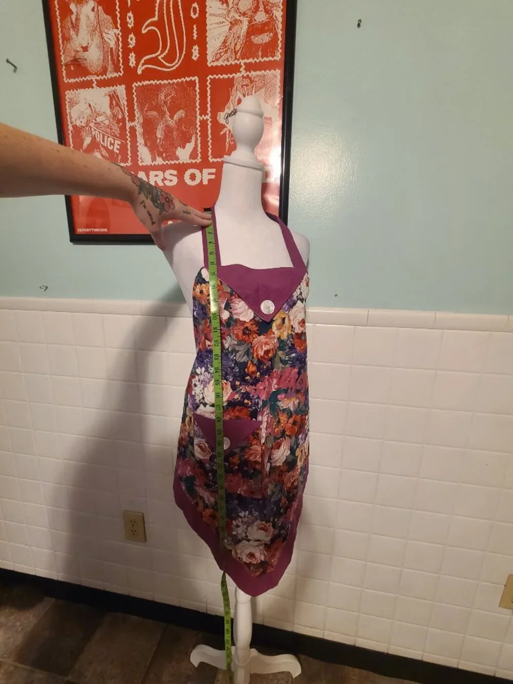 Vintage Handmade Colorful Purple Button Floral Apron Artist Baking Cottagecore